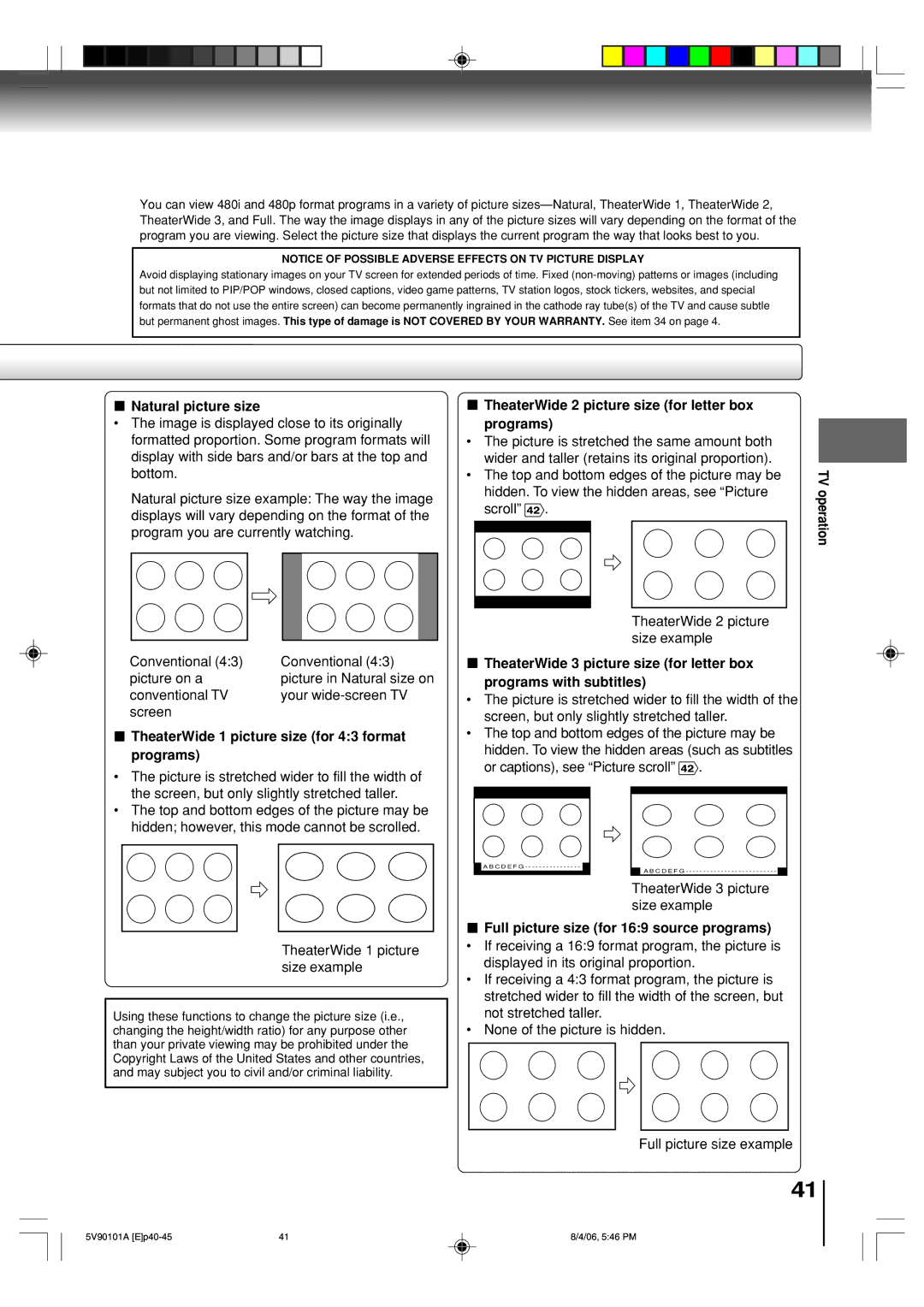 Toshiba MW26H82 owner manual Natural picture size, TheaterWide 1 picture size for 43 format programs 