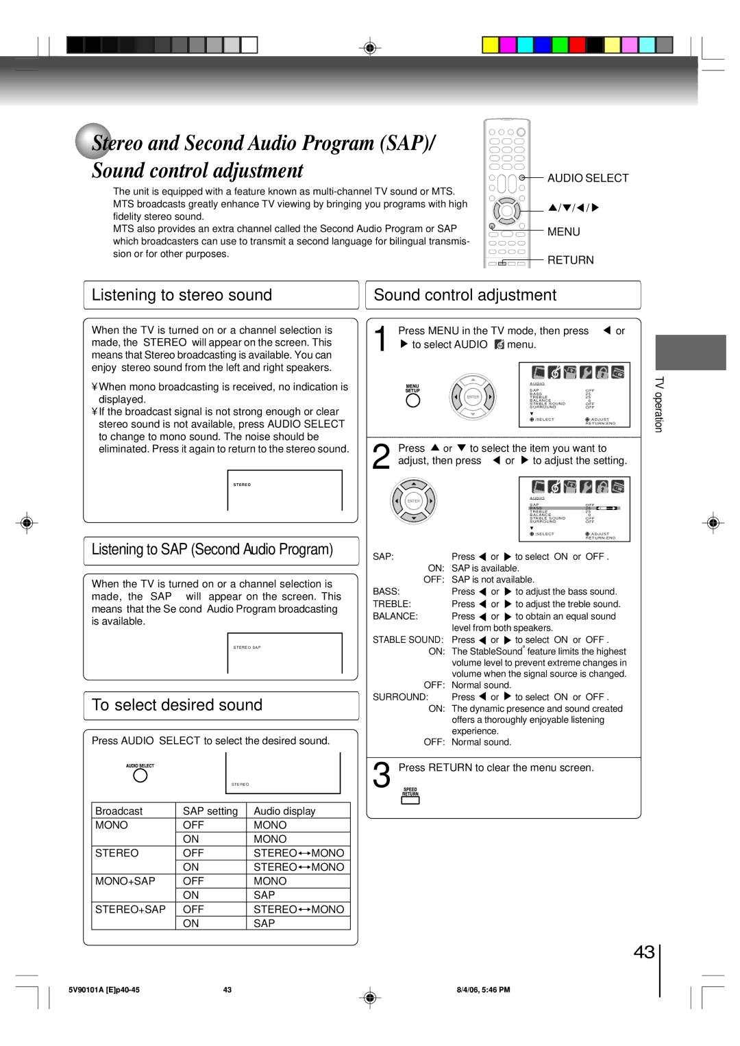 Toshiba MW26H82 owner manual Listening to stereo sound, To select desired sound, Sound control adjustment 