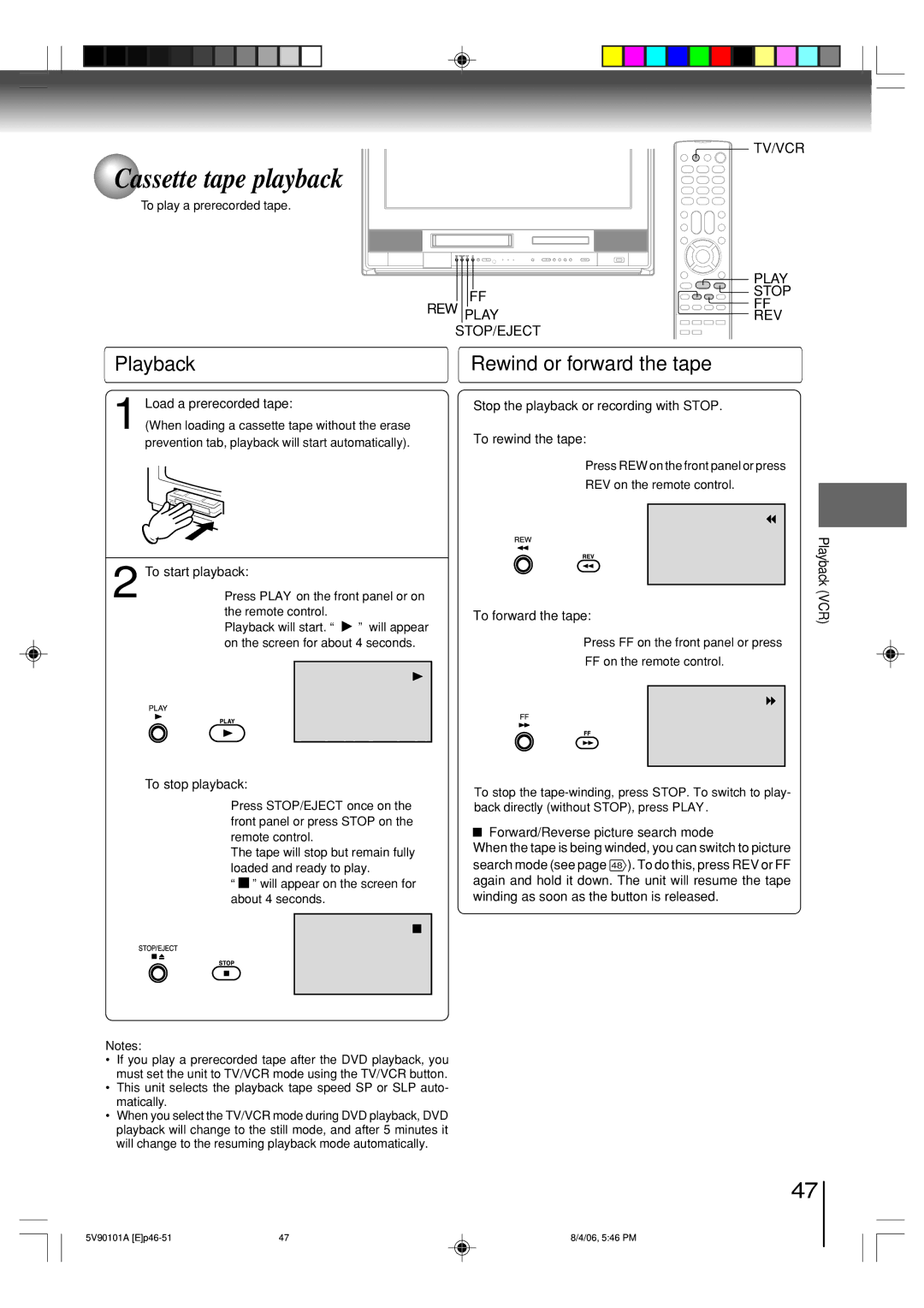 Toshiba MW26H82 owner manual Cassette tape playback, Playback, Rewind or forward the tape 