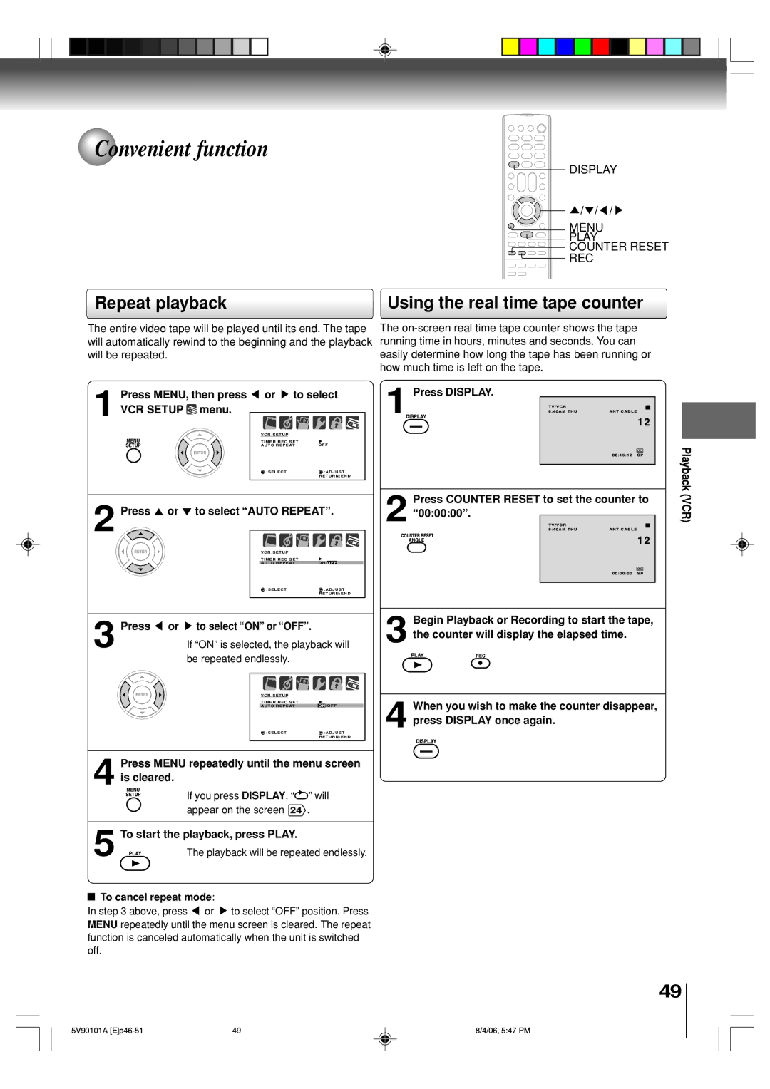 Toshiba MW26H82 Convenient function, Repeat playback Using the real time tape counter, Press To select Auto Repeat 