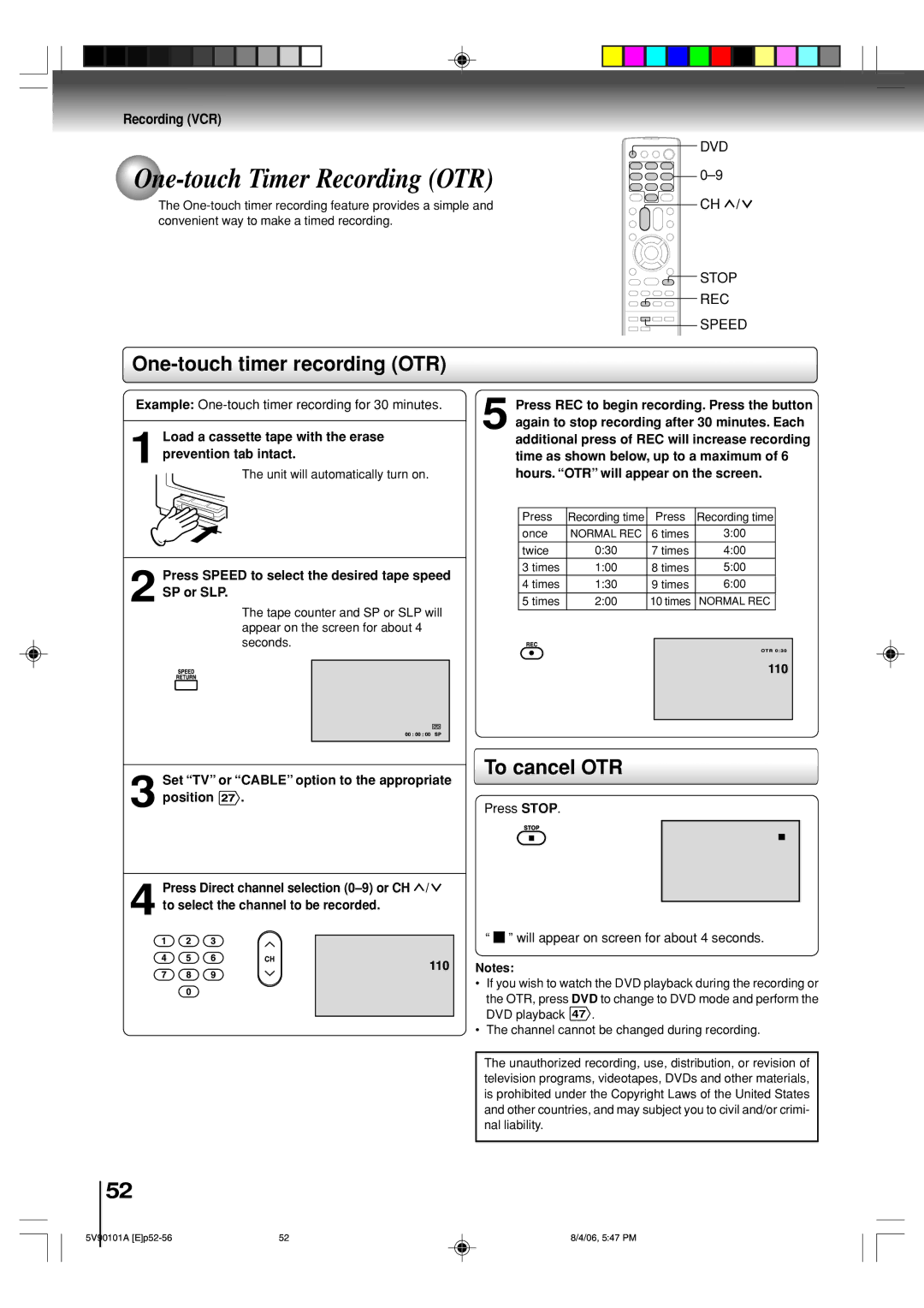 Toshiba MW26H82 owner manual One-touch timer recording OTR, To cancel OTR, Recording VCR 