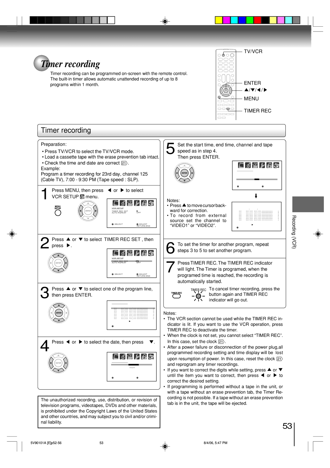 Toshiba MW26H82 owner manual Timer recording 