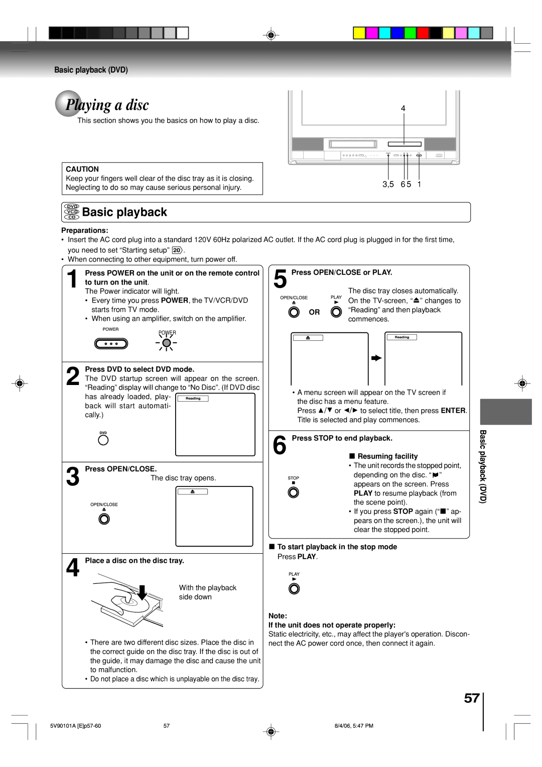 Toshiba MW26H82 owner manual Playing a disc, VCD CD Basic playback, Basic playback DVD 