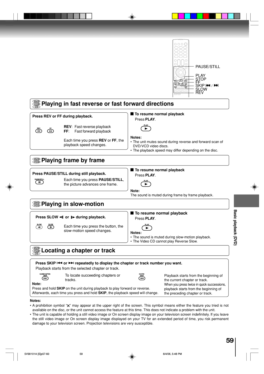 Toshiba MW26H82 owner manual VCD Playing in fast reverse or fast forward directions, Vcddvd Playing frame by frame 