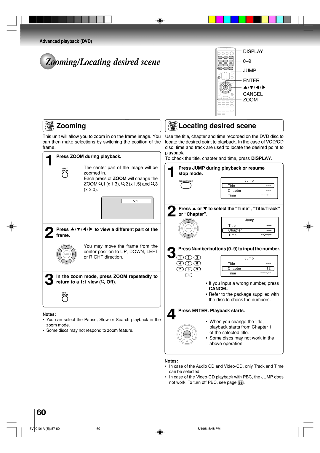 Toshiba MW26H82 owner manual VCD Zooming, VCD Locating desired scene, Advanced playback DVD 