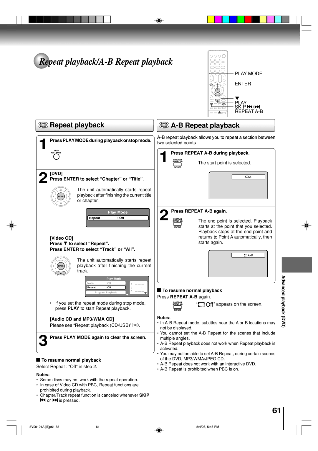 Toshiba MW26H82 owner manual Repeat playback/A-B Repeat playback, Vcddvd Repeat playback, VCD A-B Repeat playback 