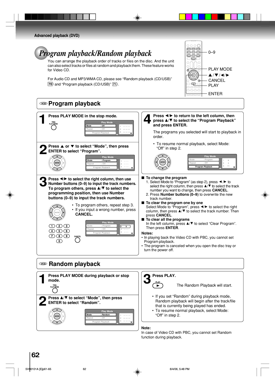 Toshiba MW26H82 owner manual Program playback/Random playback, VCD Program playback, VCD Random playback 