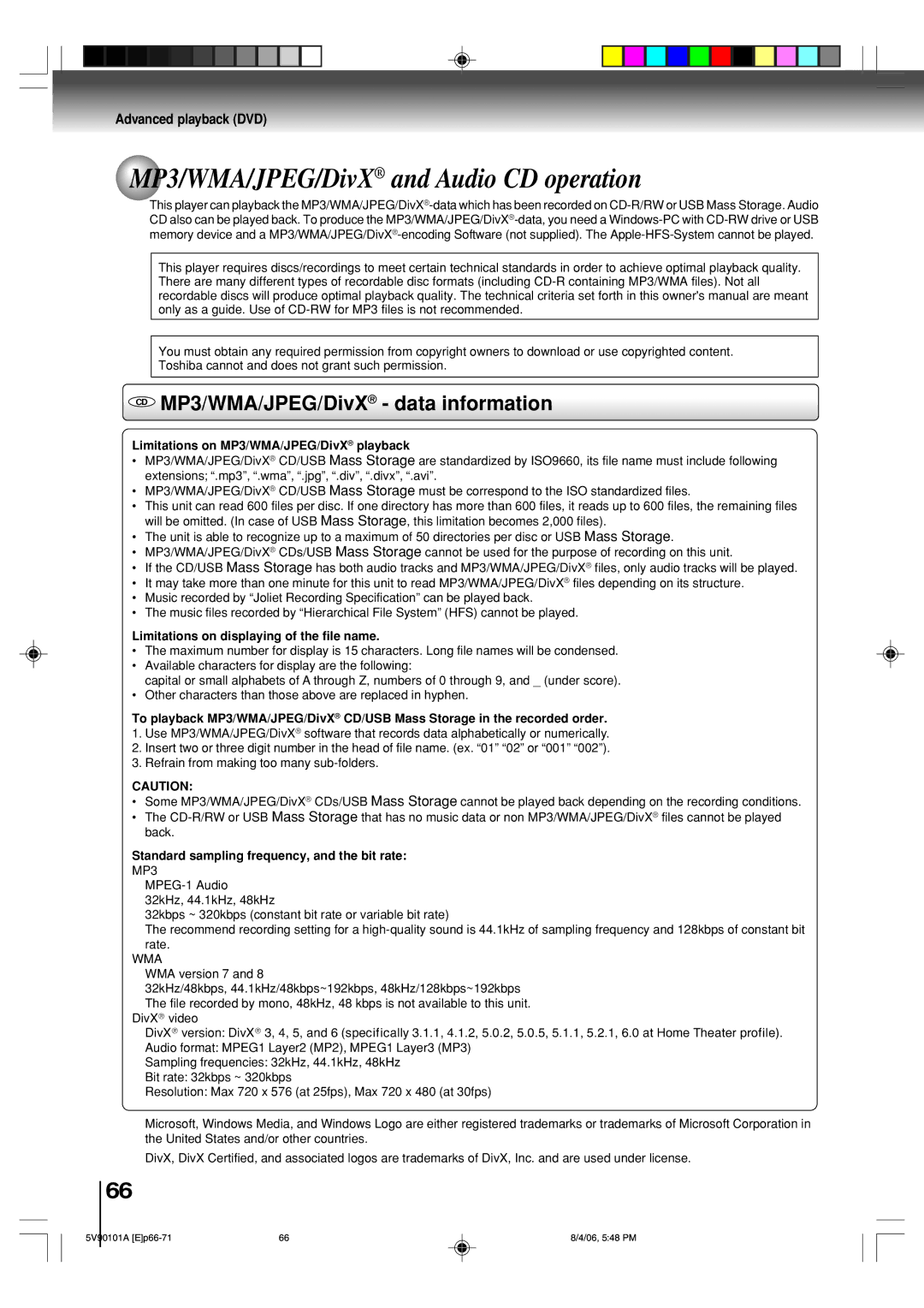 Toshiba MW26H82 owner manual MP3/WMA/JPEG/DivX and Audio CD operation, CD MP3/WMA/JPEG/DivX data information 