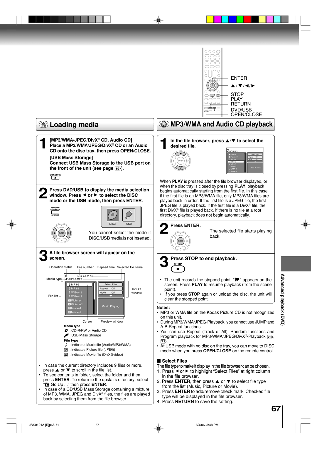 Toshiba MW26H82 owner manual USB Loading media, CD MP3/WMA and Audio CD playback, Press Stop to end playback 