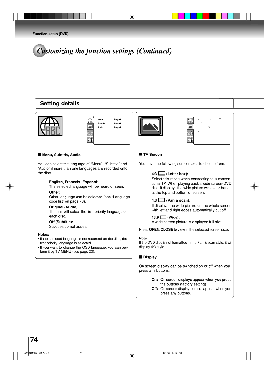 Toshiba MW26H82 Menu, Subtitle, Audio, English, Francais, Espanol, Other, Original Audio, Off Subtitle, TV Screen, Wide 