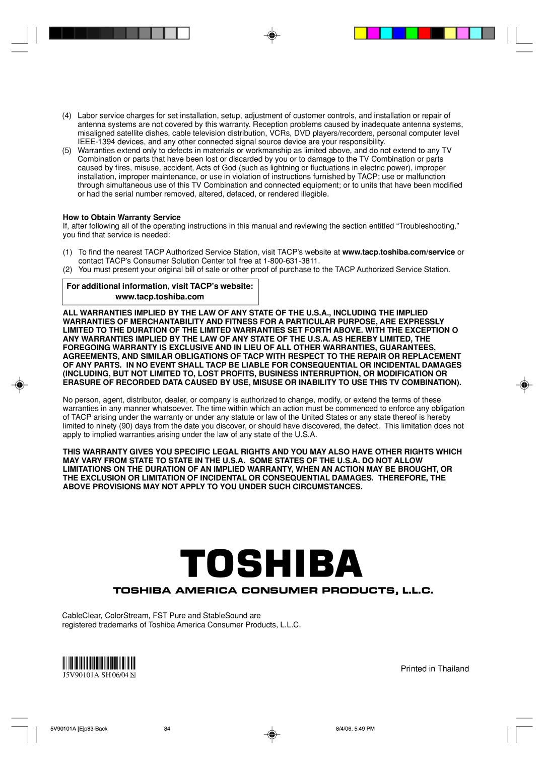 Toshiba MW26H82 owner manual For additional information, visit TACP’s website, How to Obtain Warranty Service 