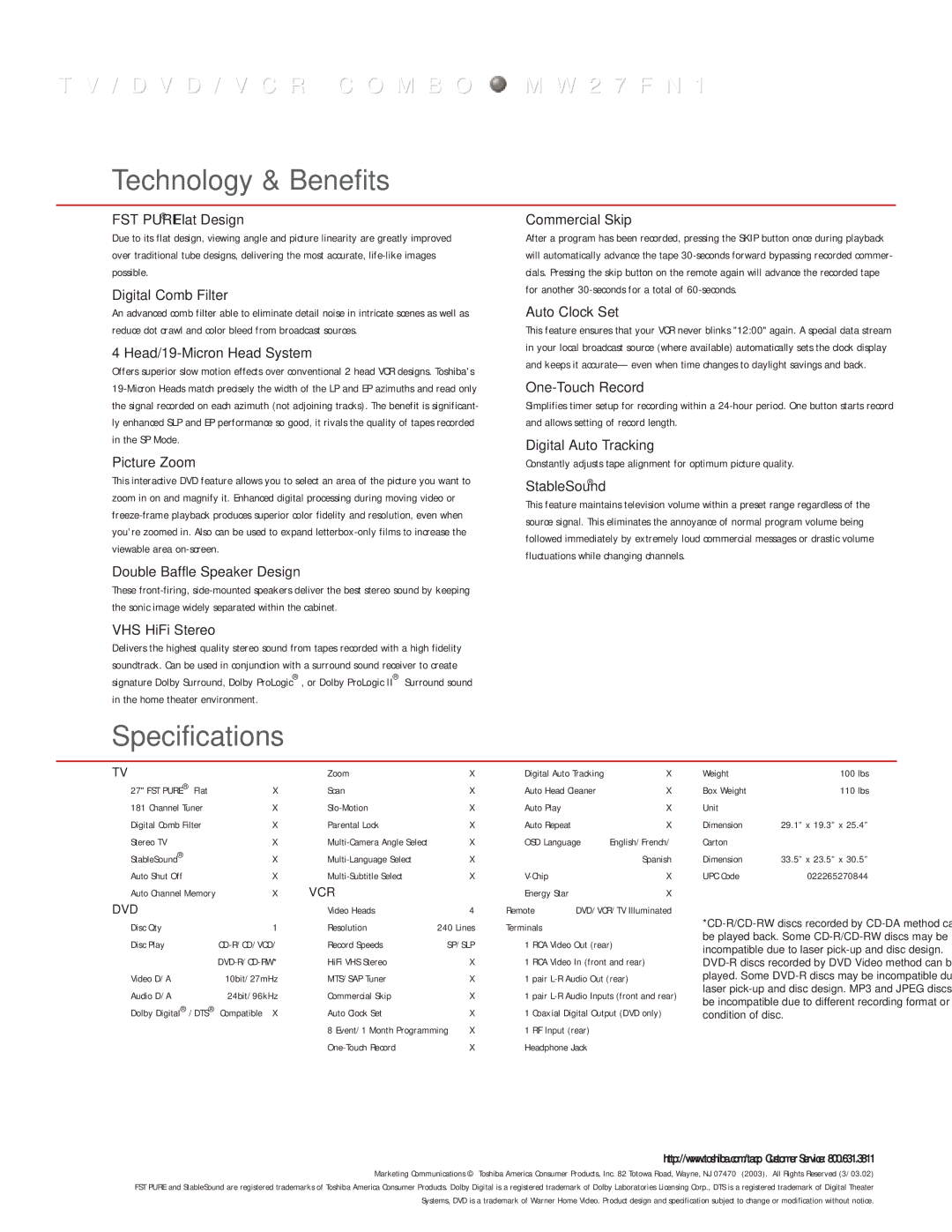 Toshiba MW27FN1 manual Technology & Benefits, Specifications 