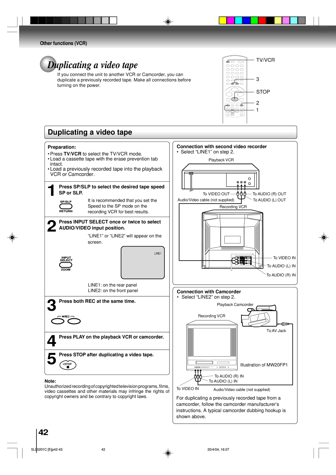 Toshiba MW27FP1, MW20FP1, MW24FP1 owner manual Duplicating a video tape, Other functions VCR 