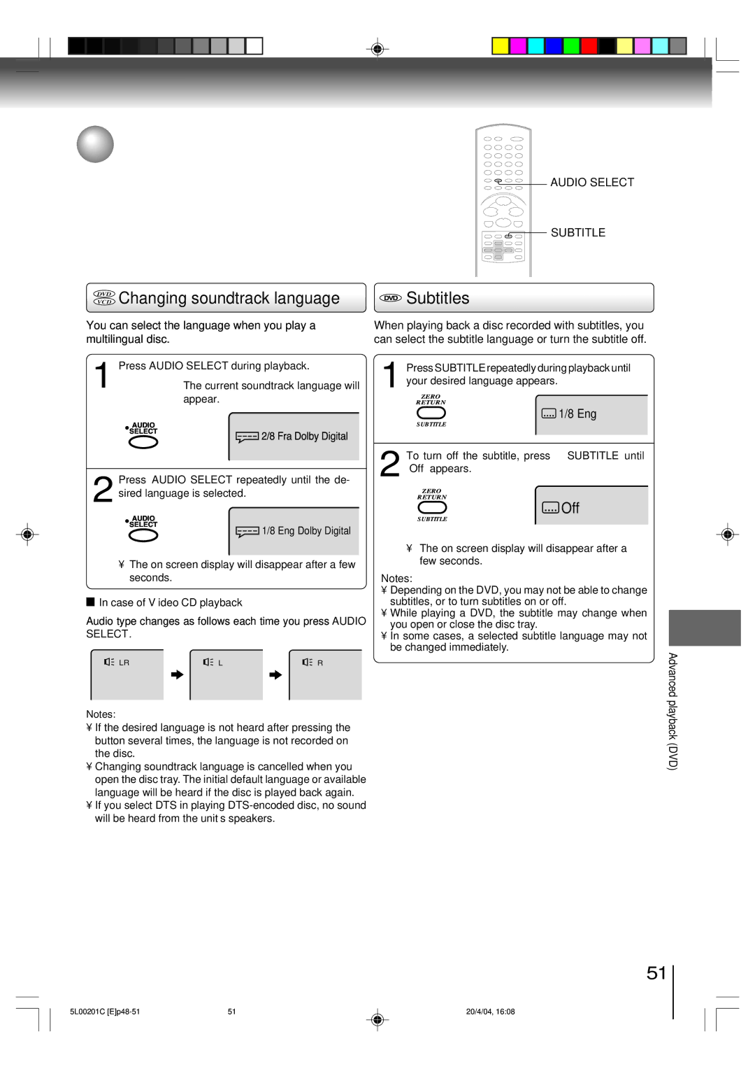 Toshiba MW27FP1, MW20FP1, MW24FP1 owner manual Changing soundtrack language/ Subtitles, DVD Changing soundtrack language 