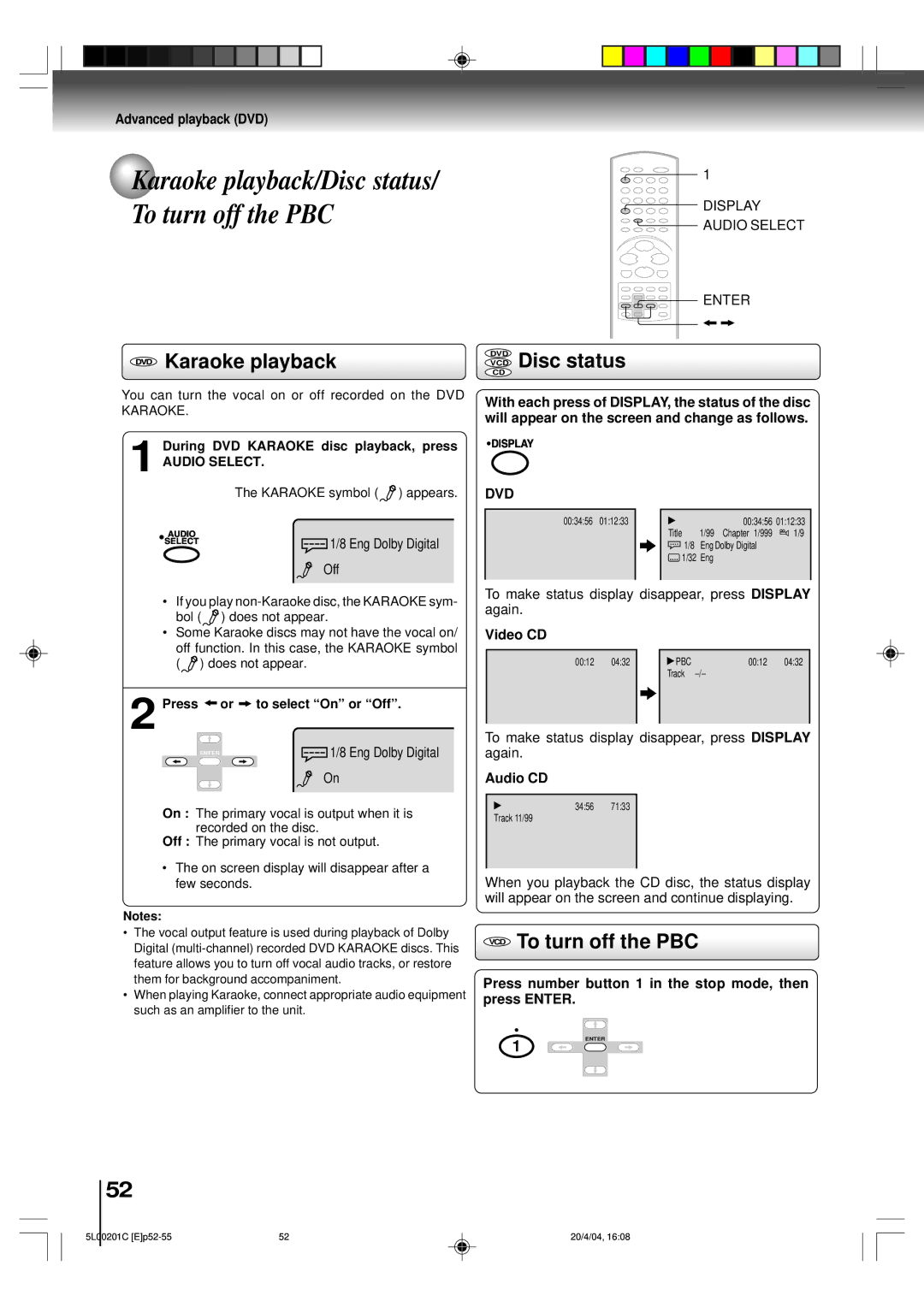 Toshiba MW20FP1, MW27FP1, MW24FP1 Karaoke playback/Disc status/ To turn off the PBC, VCD To turn off the PBC, Dvd 