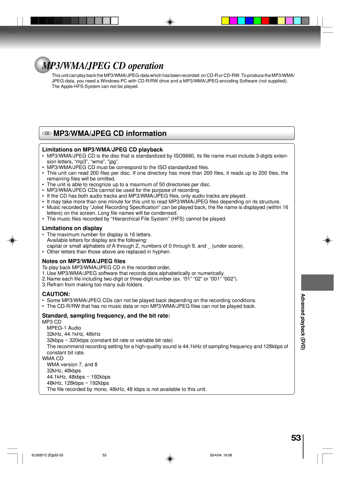 Toshiba MW24FP1, MW27FP1, MW20FP1 owner manual MP3/WMA/JPEG CD operation, CD MP3/WMA/JPEG CD information 