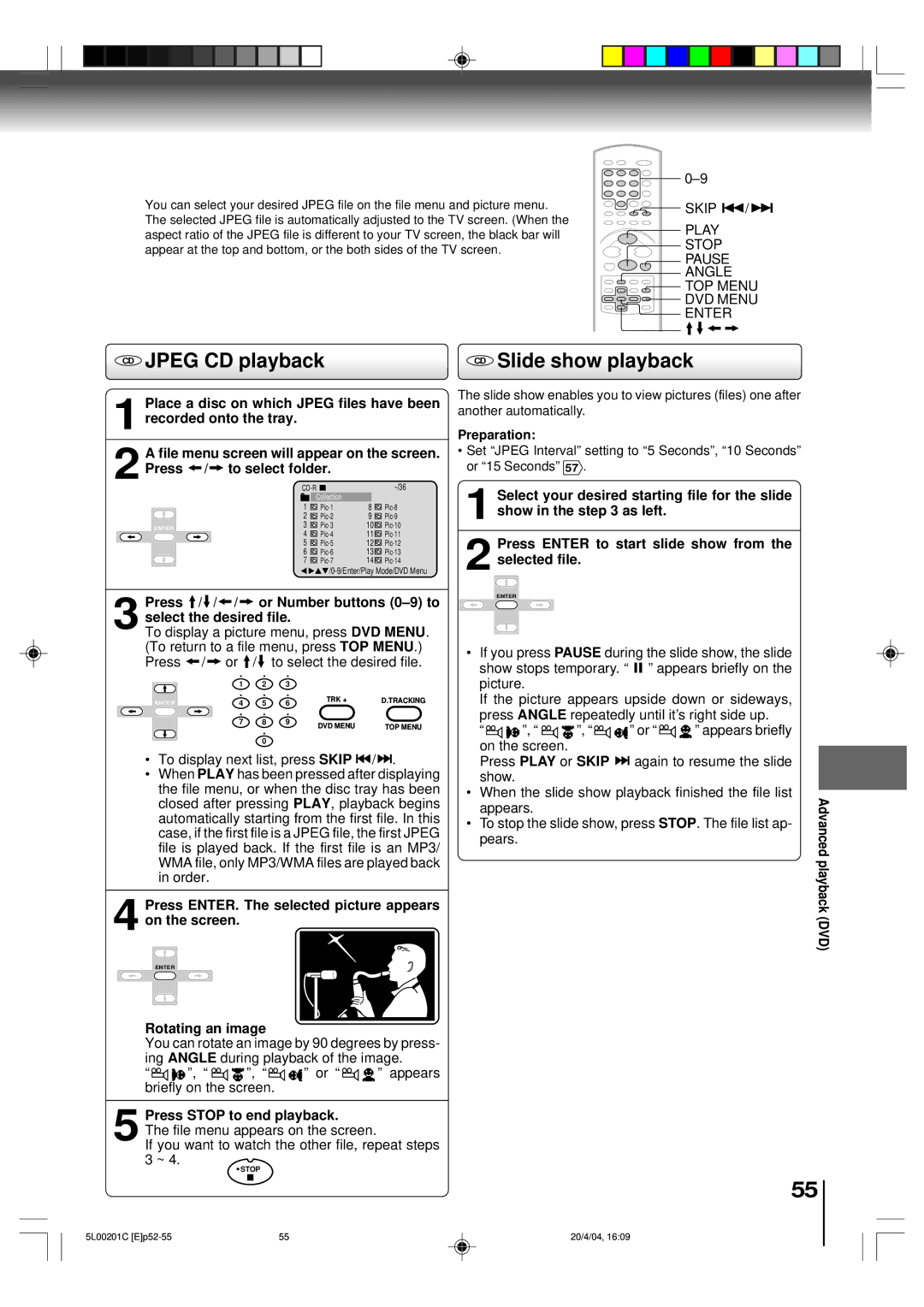 Toshiba MW20FP1 CD Jpeg CD playback, CD Slide show playback, Press ENTER. The selected picture appears on the screen 