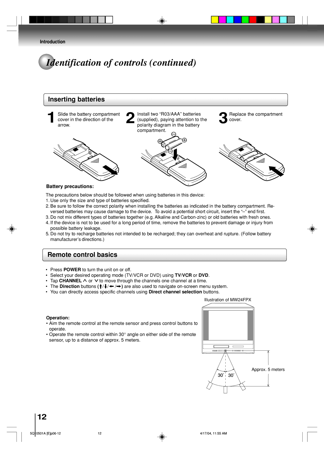 Toshiba MW27FPX, MW24FPX owner manual Battery precautions, Operation 