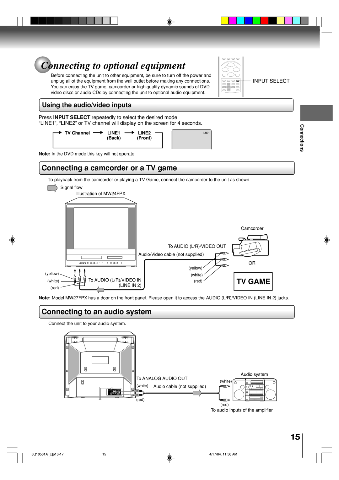 Toshiba MW24FPX Connecting to optional equipment, Connecting a camcorder or a TV game, Connecting to an audio system 