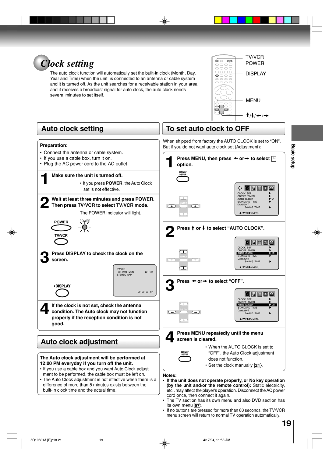 Toshiba MW24FPX, MW27FPX owner manual Clock setting, Auto clock setting To set auto clock to OFF, Auto clock adjustment 