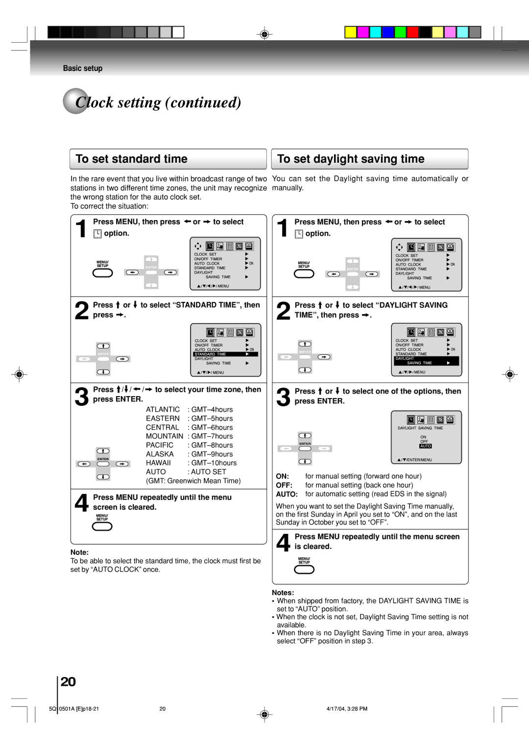 Toshiba MW27FPX, MW24FPX owner manual To set standard time To set daylight saving time 