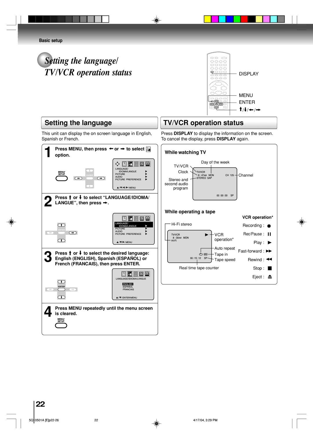 Toshiba MW27FPX, MW24FPX owner manual Setting the language TV/VCR operation status, Display Menu Enter, While watching TV 