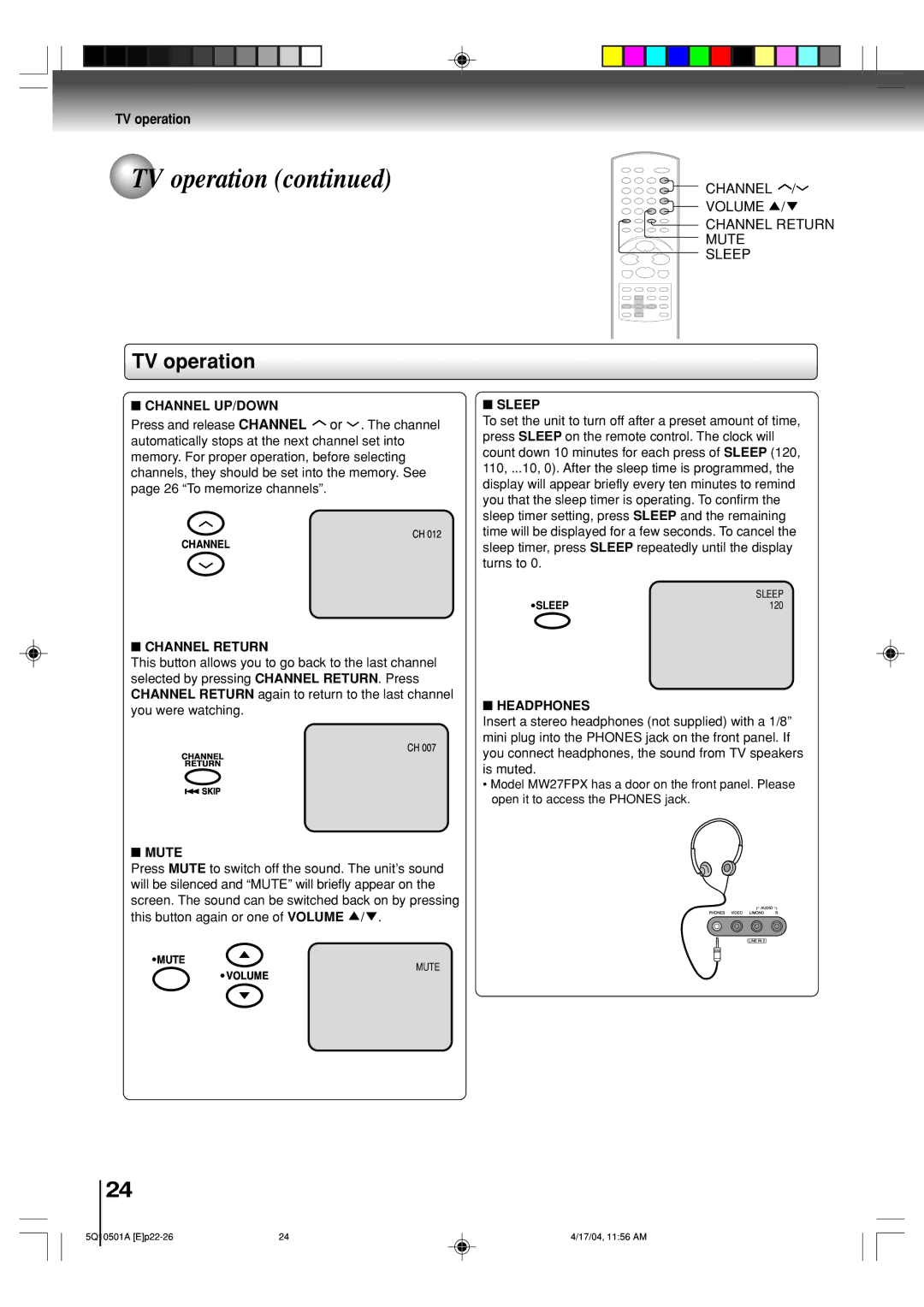 Toshiba MW27FPX, MW24FPX owner manual Channel Volume Channel Return Mute Sleep 