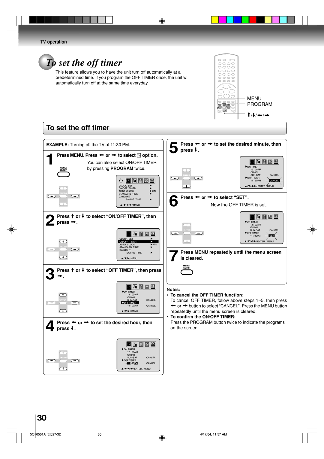 Toshiba MW27FPX, MW24FPX owner manual To set the off timer, Menu Program 