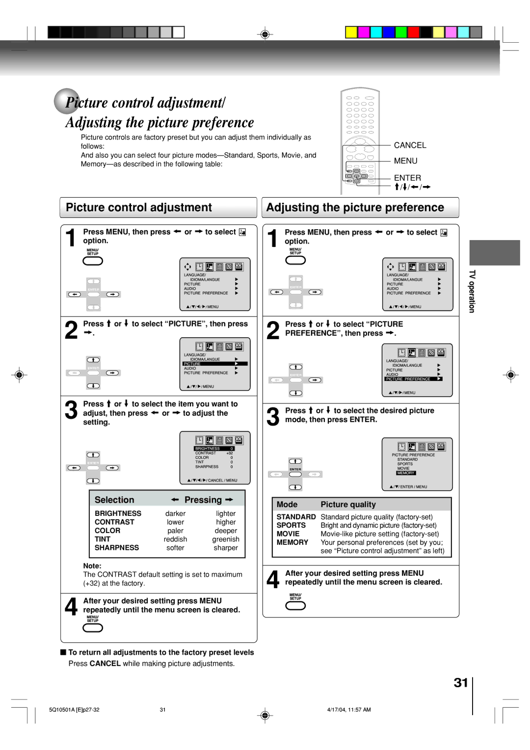 Toshiba MW24FPX, MW27FPX owner manual Picture control adjustment Adjusting the picture preference, Mode Picture quality 