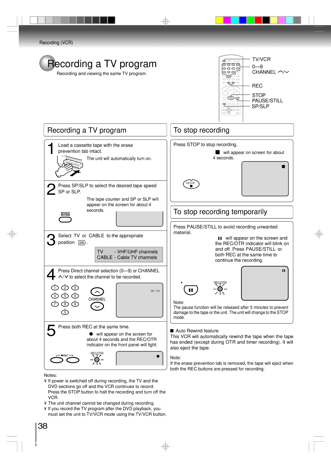 Toshiba MW27FPX, MW24FPX owner manual Recording a TV program, To stop recording temporarily, Recording VCR 