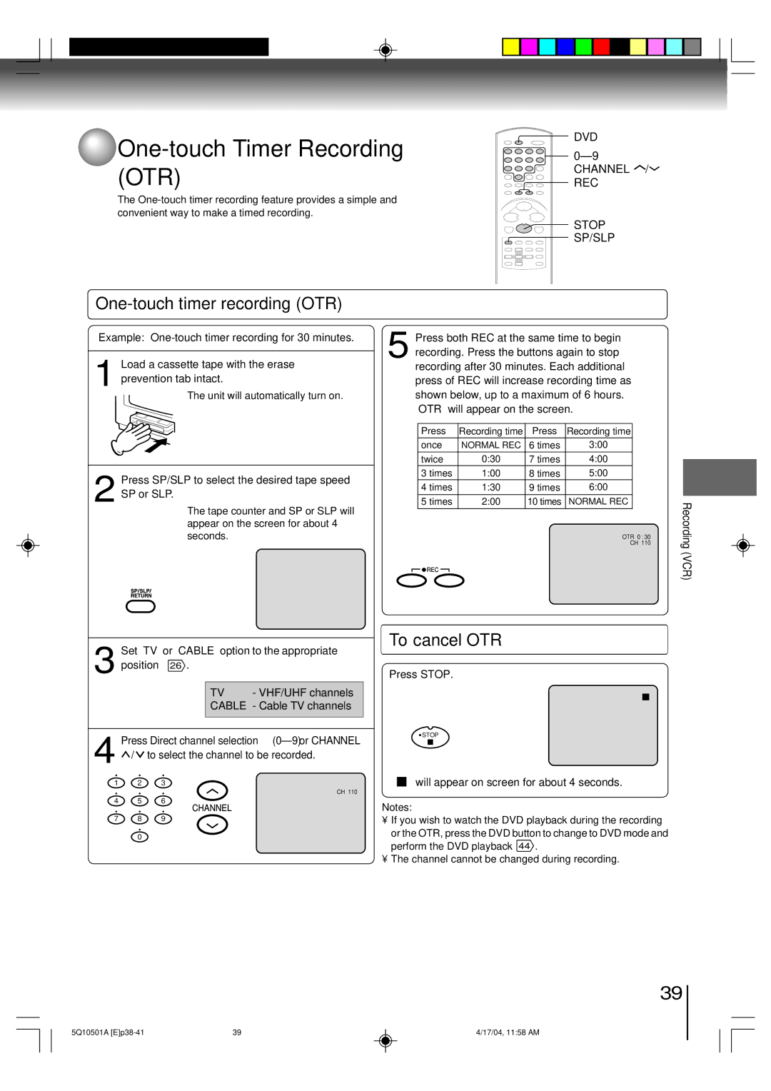 Toshiba MW24FPX, MW27FPX One-touch Timer Recording OTR, One-touch timer recording OTR, To cancel OTR, DVD Channel / REC 