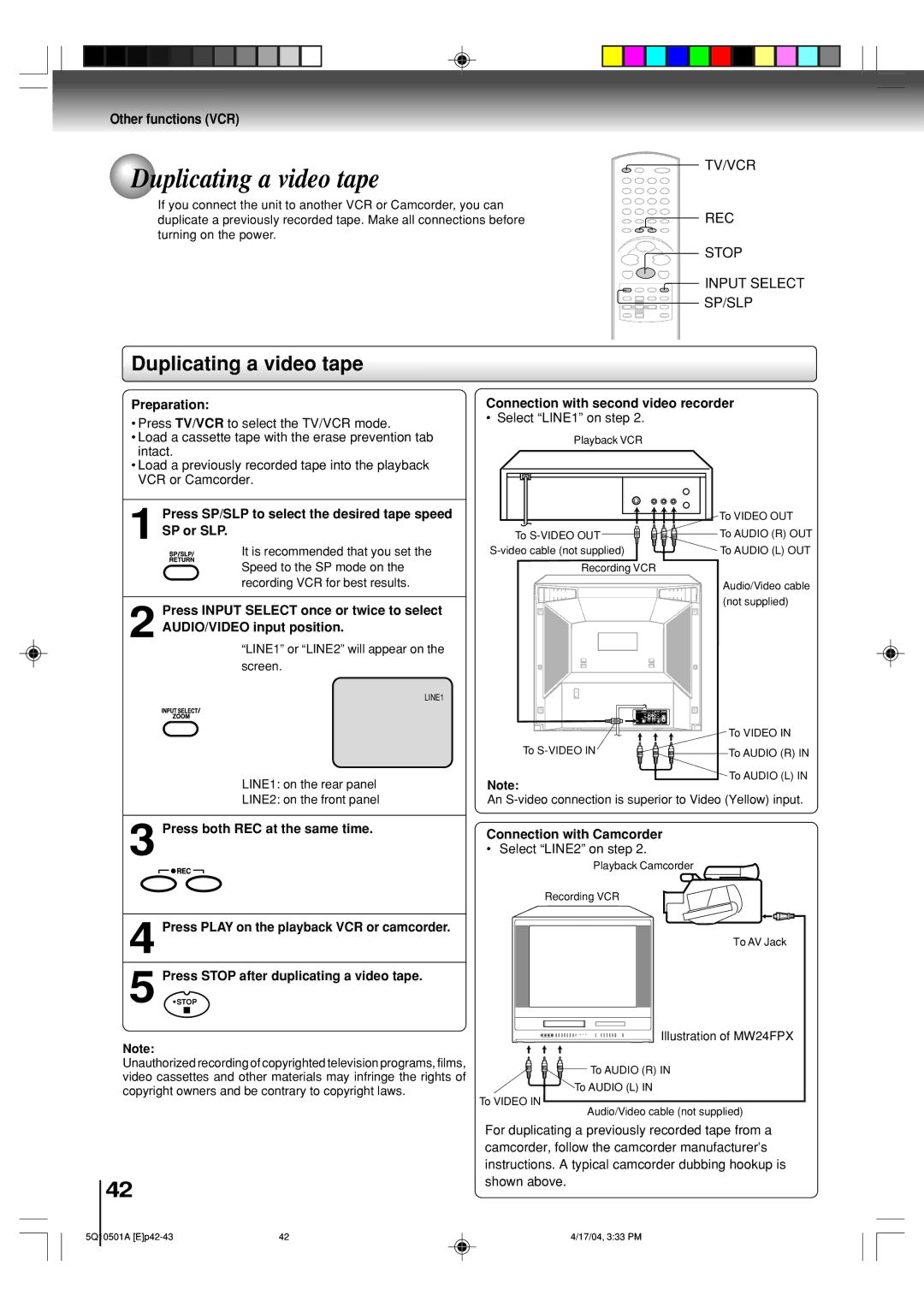 Toshiba MW27FPX, MW24FPX owner manual Duplicating a video tape, Other functions VCR, REC Stop Input Select SP/SLP 