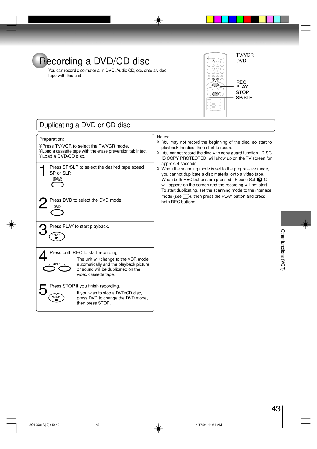 Toshiba MW24FPX, MW27FPX Recording a DVD/CD disc, Duplicating a DVD or CD disc, Tv/Vcr Dvd, REC Play Stop SP/SLP 