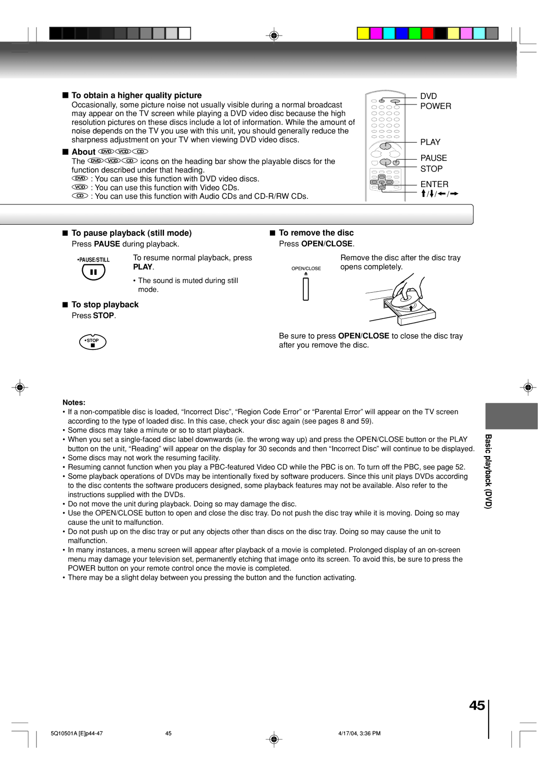 Toshiba MW24FPX, MW27FPX owner manual To obtain a higher quality picture, DVD Power Play Pause Stop Enter, To stop playback 