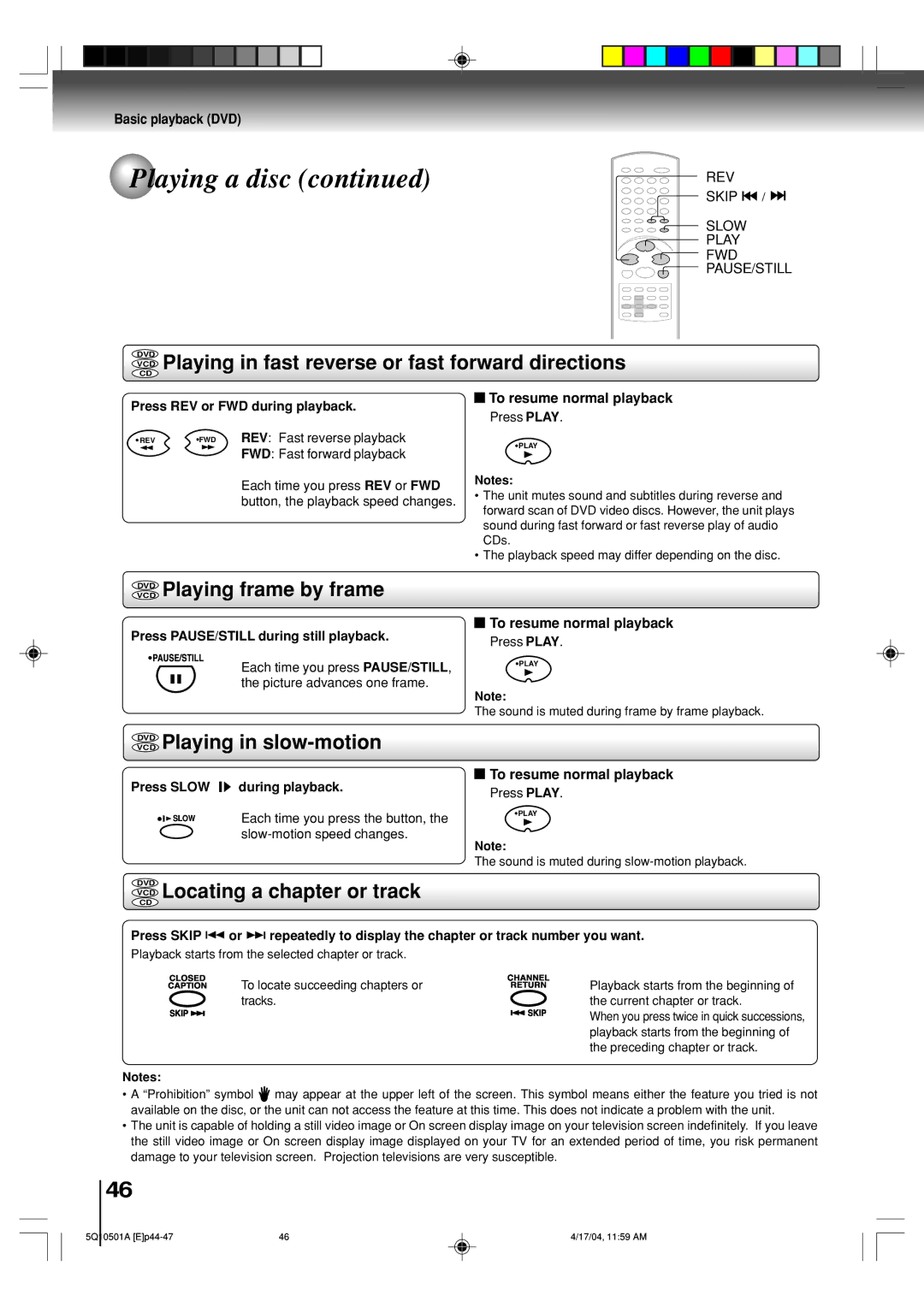 Toshiba MW27FPX, MW24FPX owner manual VCD Playing in fast reverse or fast forward directions, Vcddvd Playing in slow-motion 