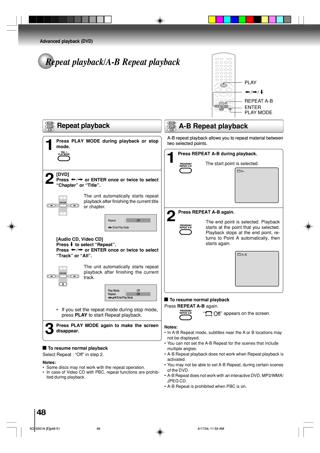 Toshiba MW27FPX, MW24FPX owner manual Repeat playback/A-B Repeat playback, VCD Repeat playback, VCD A-B Repeat playback 