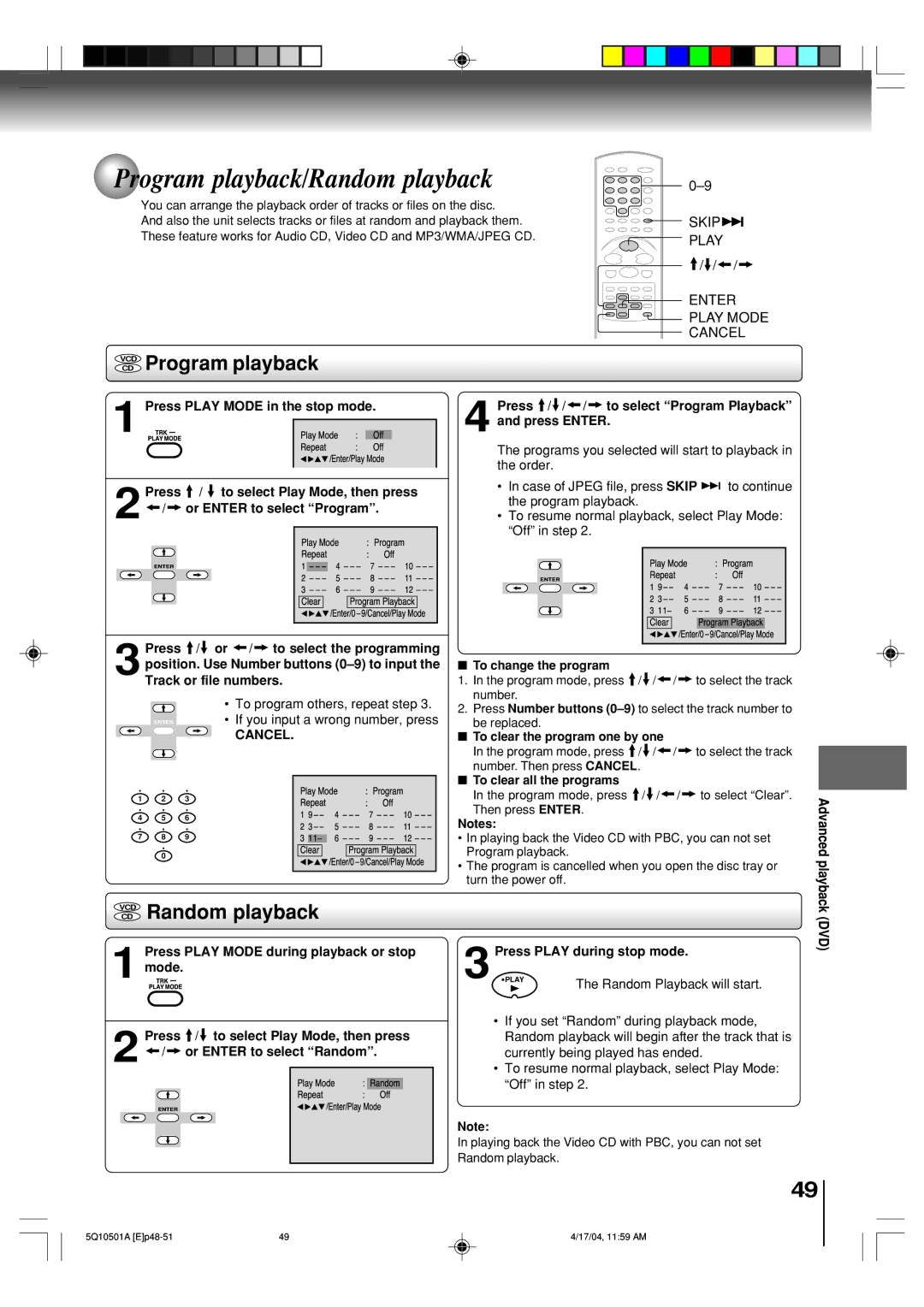 Toshiba MW24FPX, MW27FPX owner manual Program playback/Random playback, Vcdcd Program playback, VCD Random playback, Skip 