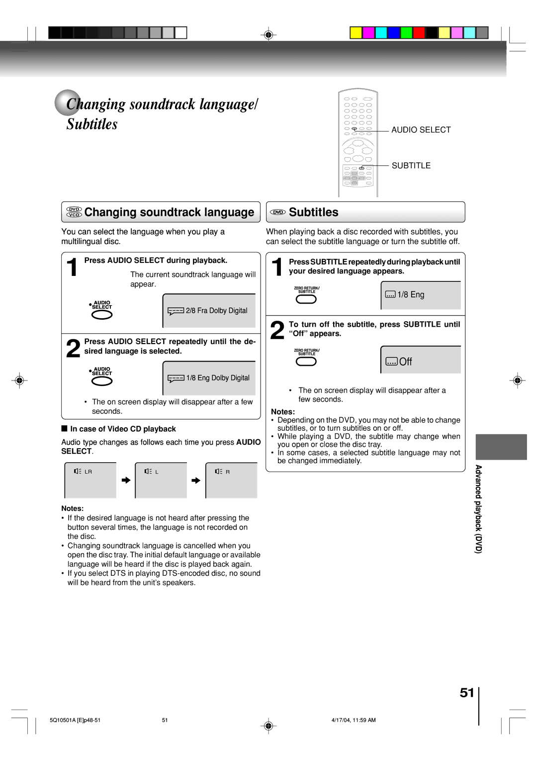 Toshiba MW24FPX, MW27FPX owner manual Changing soundtrack language Subtitles, Audio Select, Multilingual disc 