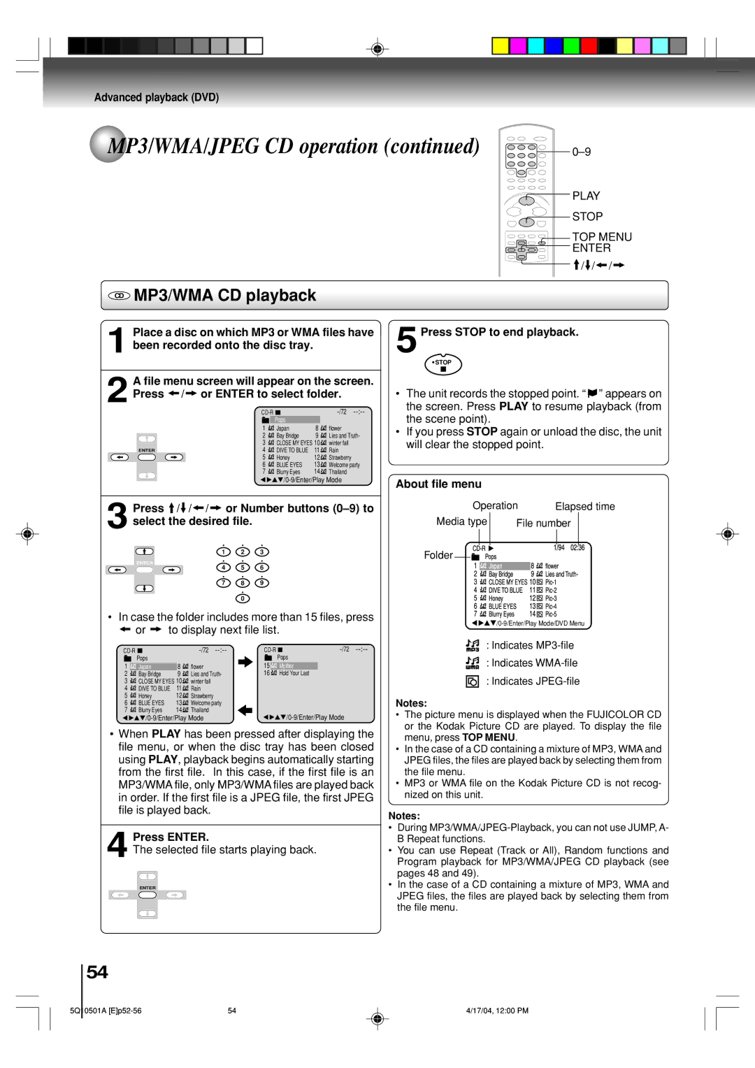 Toshiba MW27FPX, MW24FPX CD MP3/WMA CD playback, Play Stop TOP Menu Enter, Press Enter, 5Press Stop to end playback 