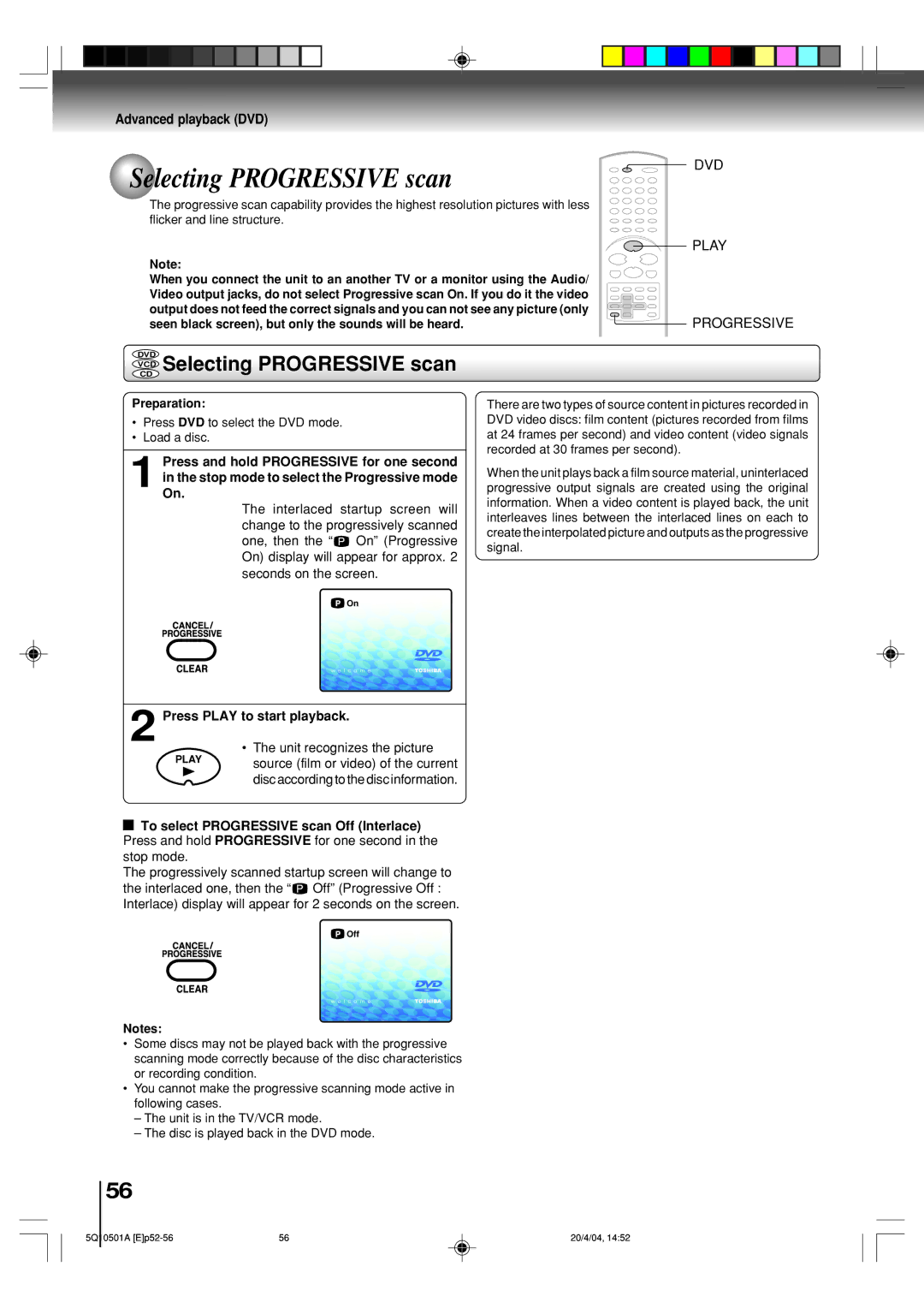 Toshiba MW27FPX, MW24FPX owner manual VCD Selecting Progressive scan, Dvd 