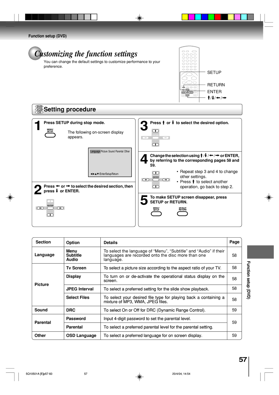 Toshiba MW24FPX Customizing the function settings, VCD Setting procedure, Function setup DVD, Setup Return Enter, Drc 