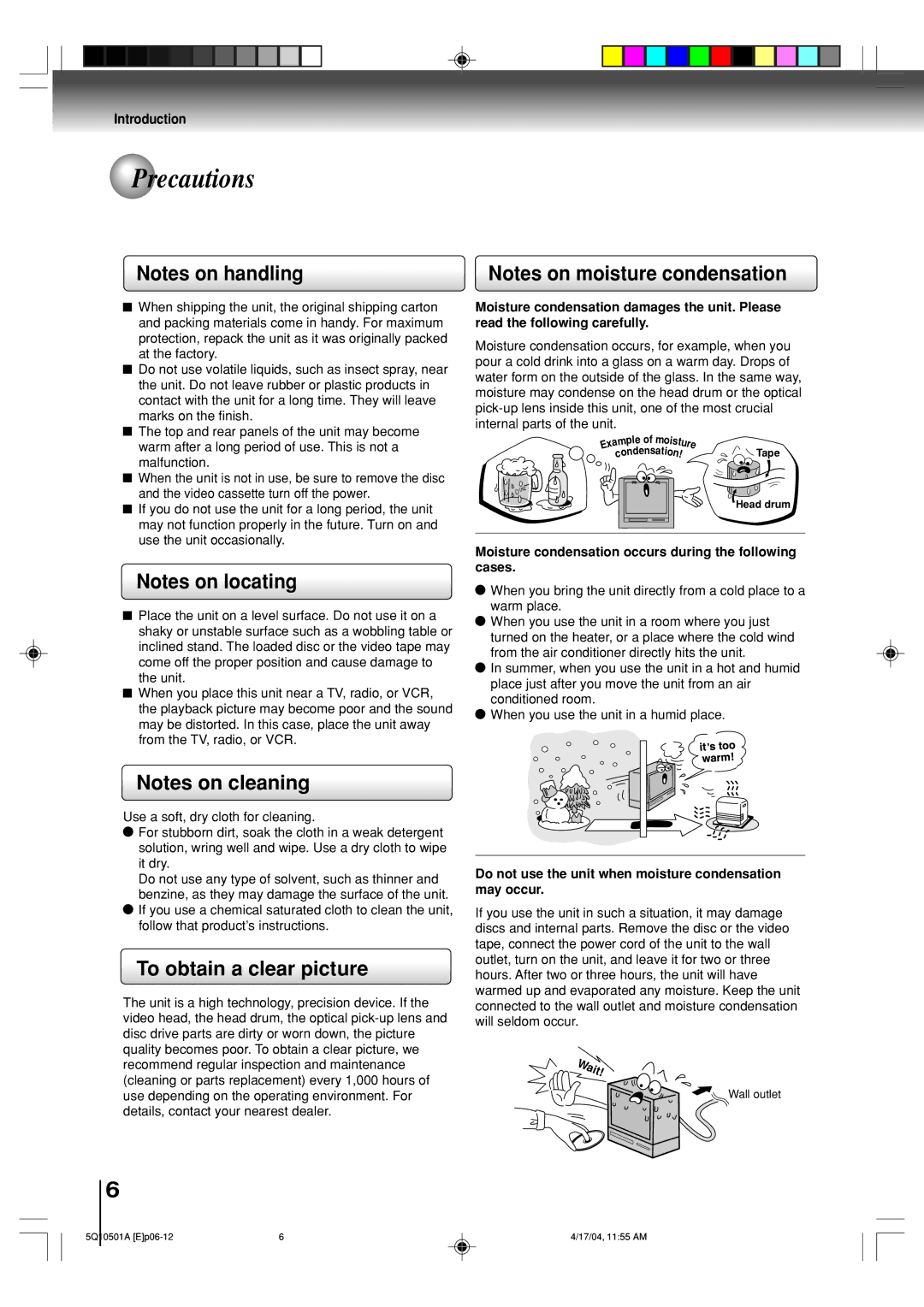 Toshiba MW27FPX, MW24FPX Precautions, To obtain a clear picture, Moisture condensation occurs during the following cases 