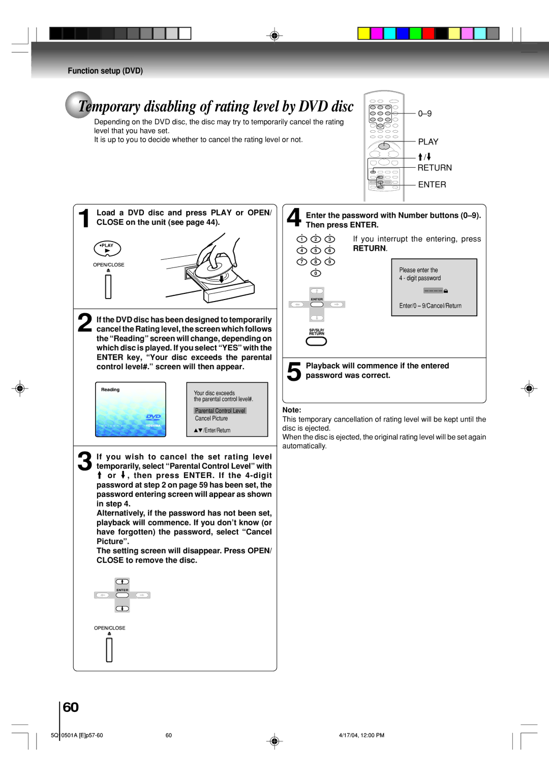 Toshiba MW27FPX, MW24FPX owner manual Temporary disabling of rating level by DVD disc, Play Return Enter 