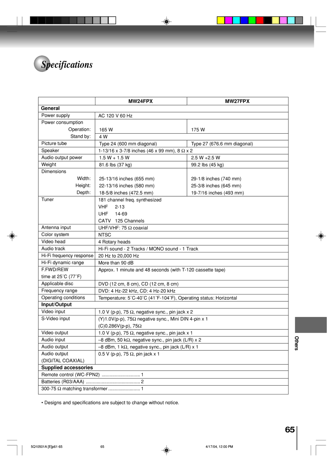 Toshiba owner manual Specifications, MW24FPX MW27FPX, General, Input/Output, Supplied accessories 