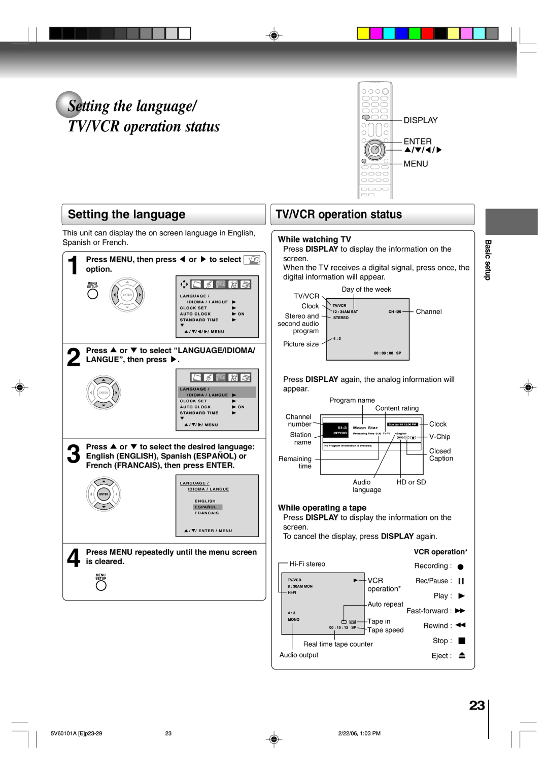 Toshiba MW27H62 owner manual Setting the language, TV/VCR operation status, Display Enter Menu, While watching TV 