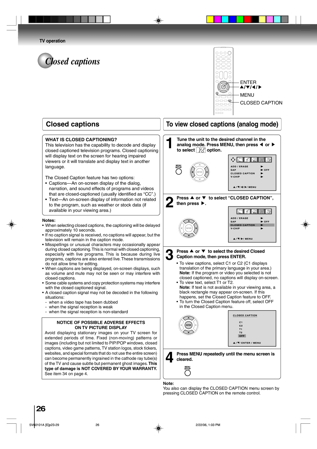 Toshiba MW27H62 owner manual Closed captions, To view closed captions analog mode, Enter Menu Closed Caption 