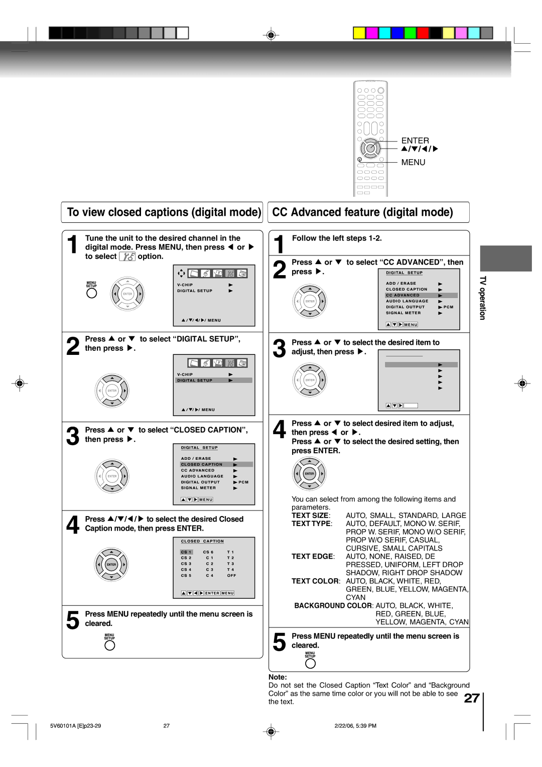 Toshiba MW27H62 Option Press To select Digital Setup Then press, Then press Press, Caption mode, then press Enter 