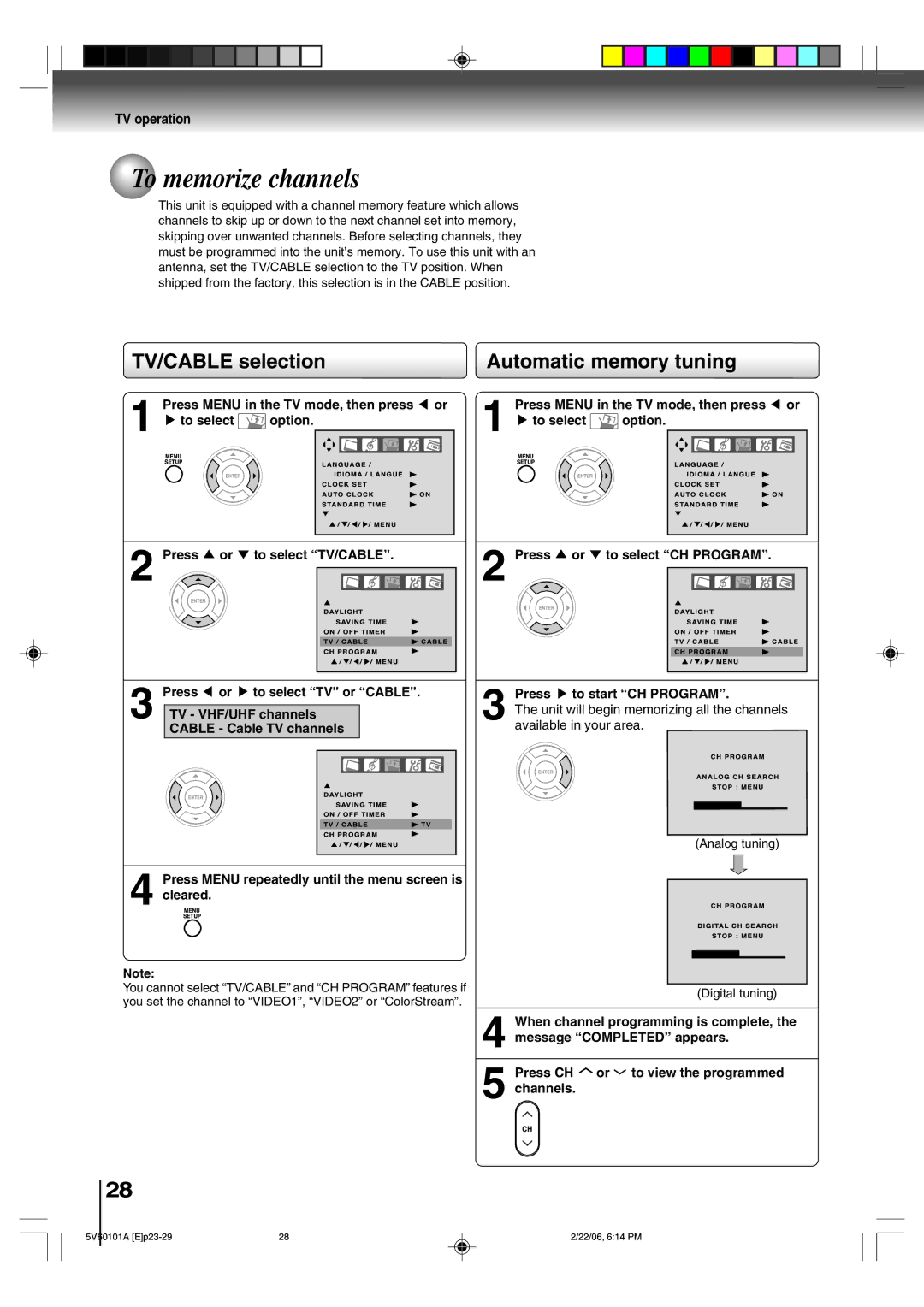 Toshiba MW27H62 owner manual To memorize channels, TV/CABLE selection Automatic memory tuning 