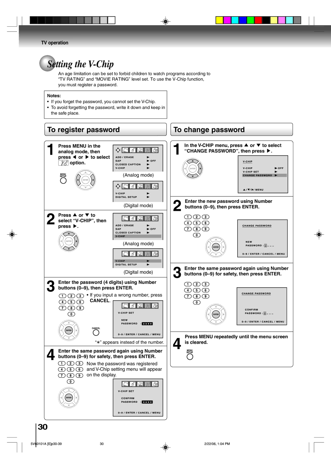 Toshiba MW27H62 owner manual Setting the V-Chip, To register password To change password, Buttons 0-9, then press Enter 