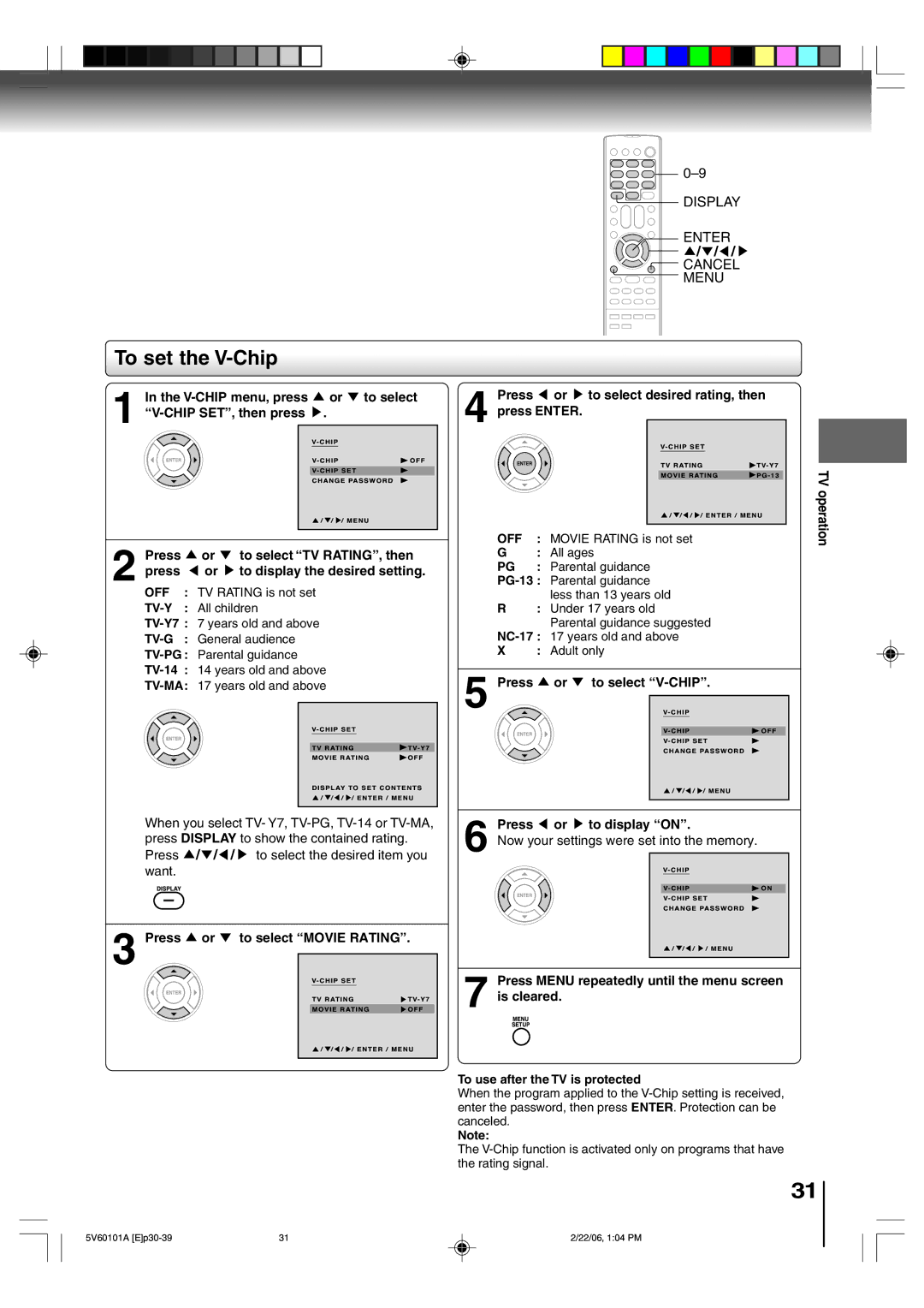 Toshiba MW27H62 owner manual To set the V-Chip, Display Enter Cancel Menu 